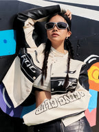 Women's Cropped Biker Jacket with Unique Graphic Details