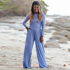 Women's Casual Wide-Leg Jumpsuit with Long Sleeves and Pockets