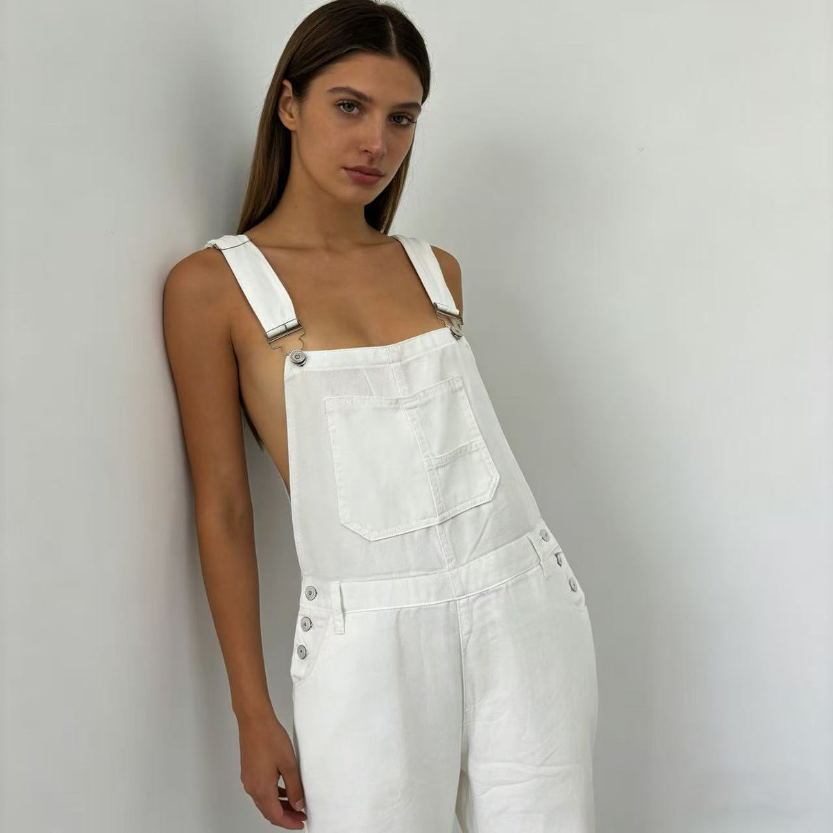 Women's Denim Overalls with Wide Leg and Low Back