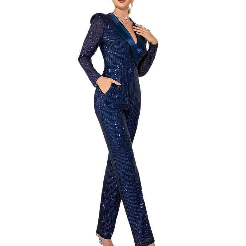Women's Sparkling Jumpsuit with Flattering Cut and Elegant V-Neck