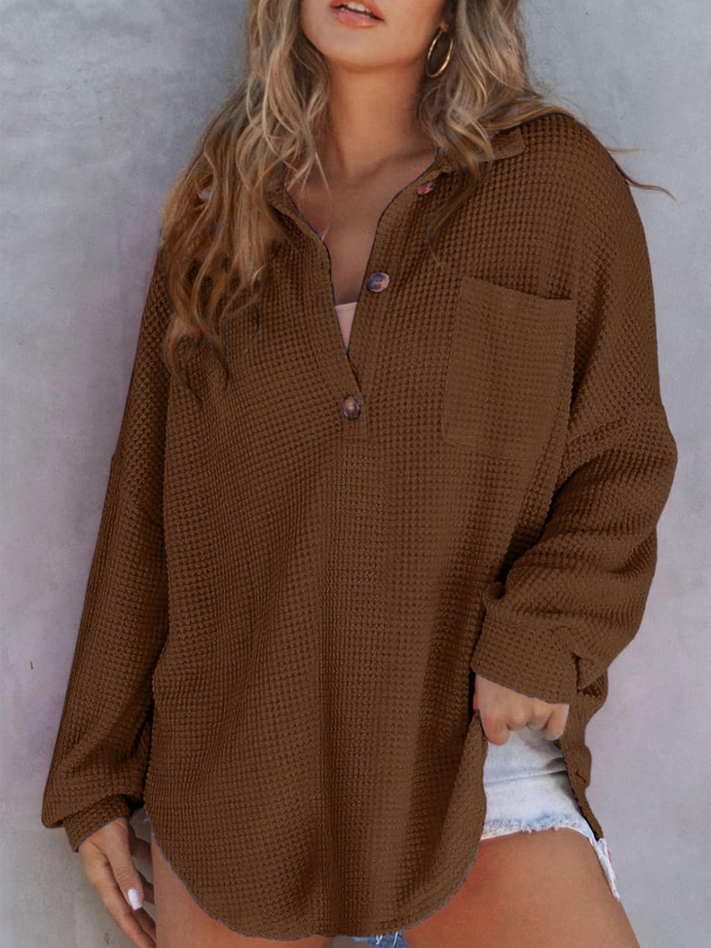 Women's Casual Waffle Texture Shirt with Button Placket and Chest Pocket