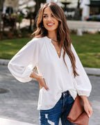 Women's Blouse with V-Neck and Puff Sleeves