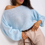 Women's Fluffy Off-Shoulder Sweater with Dropped Shoulders