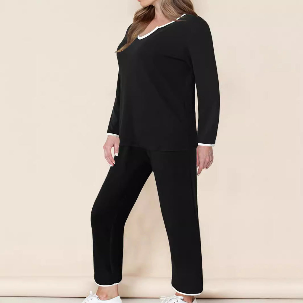 Women's Loungewear Set with V-Neck and Wide Waistband