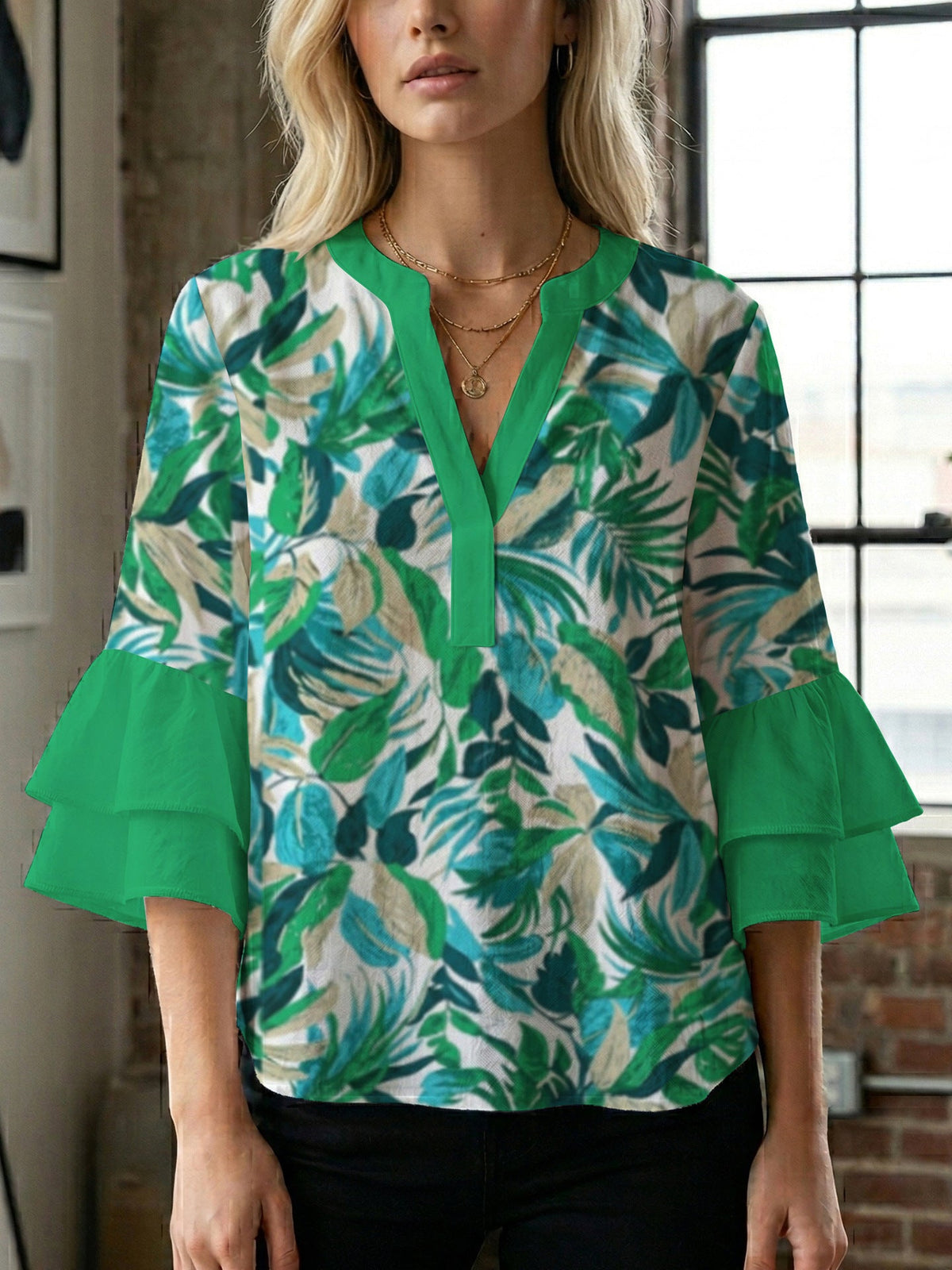 Women's Blouse with Voluminous Ruffle Sleeves and Modern Print