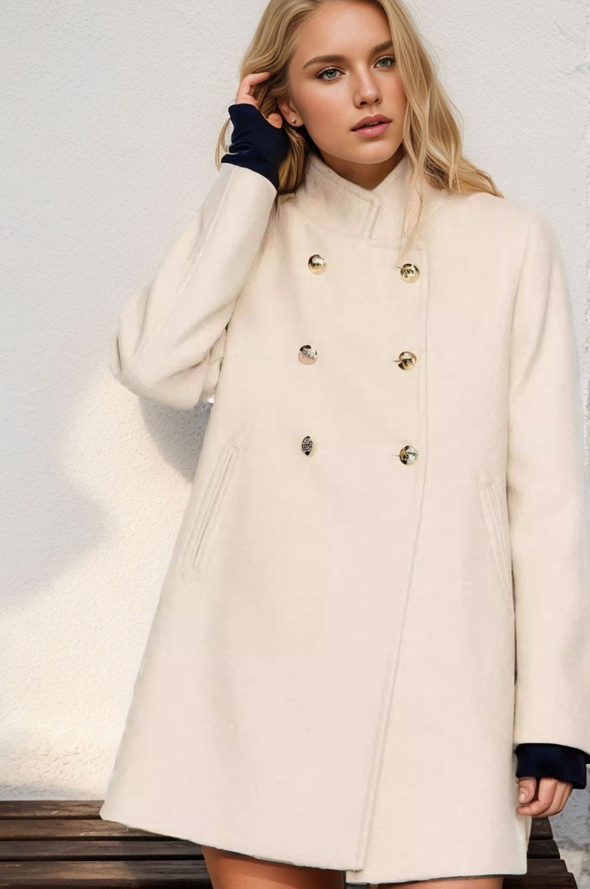 Women's Elegant Short Coat with Double-Breasted Buttons and Silky Details