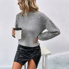 Elegant High-Neck Sweater with Pearl Appliqués