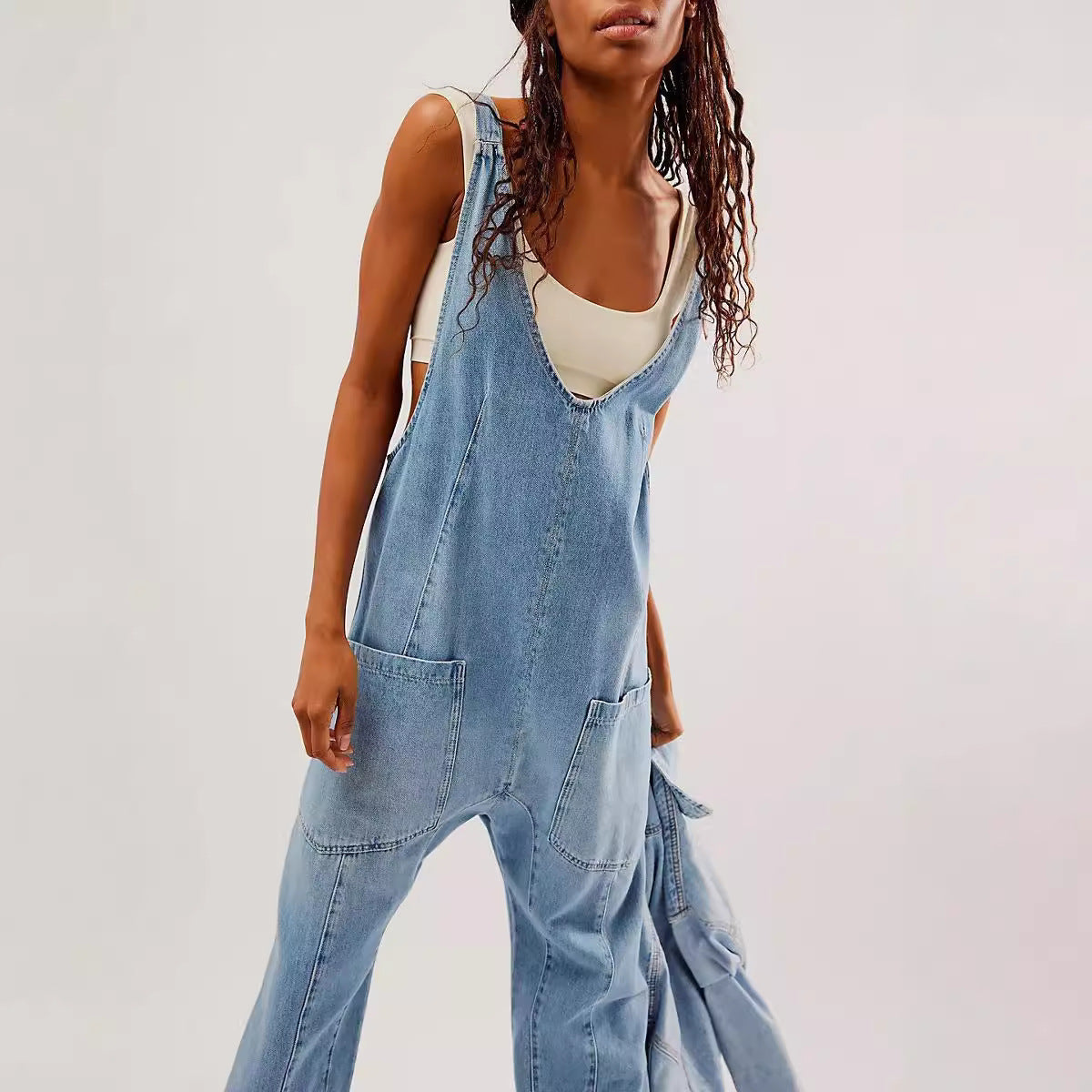 Women's Casual Denim Jumpsuit with Large Pockets