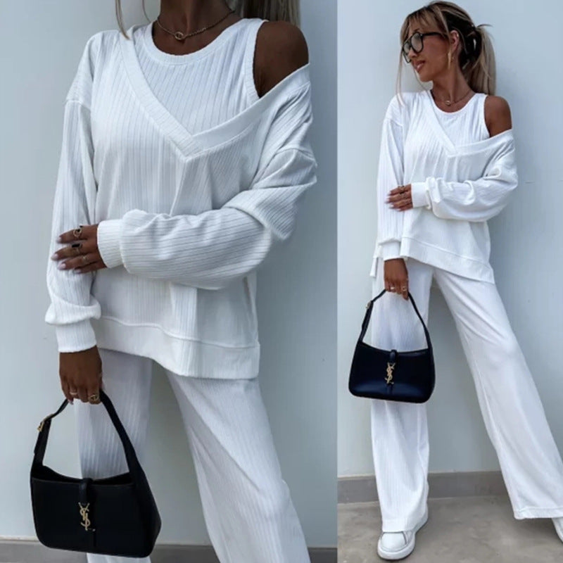 Women's Casual Relaxed-Fit Lounge Set with Wide Cut and Ribbed Design