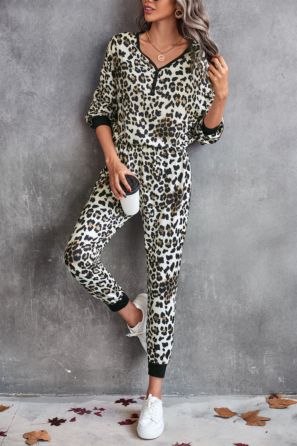 Women's Leopard Print Jogging Suit with Wide Waistband