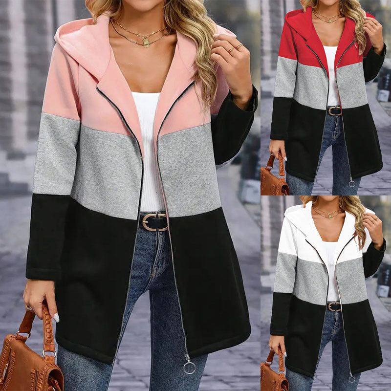 Women's Casual Colorblock Hooded Coat