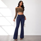 Women's High-Waisted Flared Jeans with Button Details