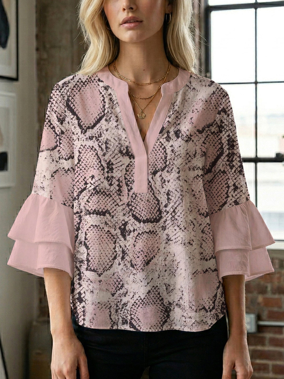Casual Blouse with Ruffle Sleeves and Botanical Print