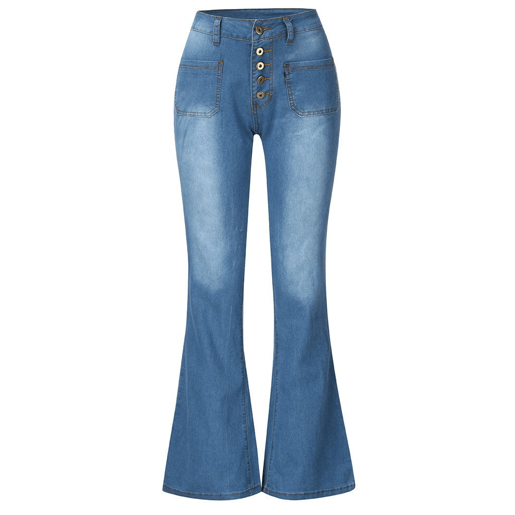 Women's High-Waisted Flared Jeans with Decorative Buttons