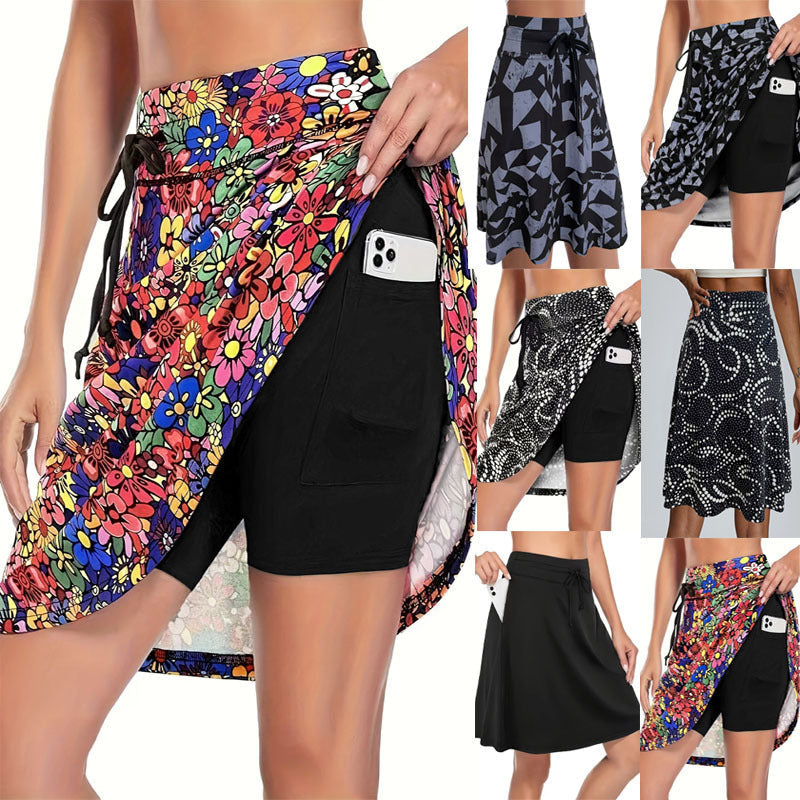 Women's High-Waist Sports Skirt with Integrated Shorts and Pockets
