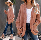 Women's Chunky Knit Jacket with Casual Contours and Large Pockets