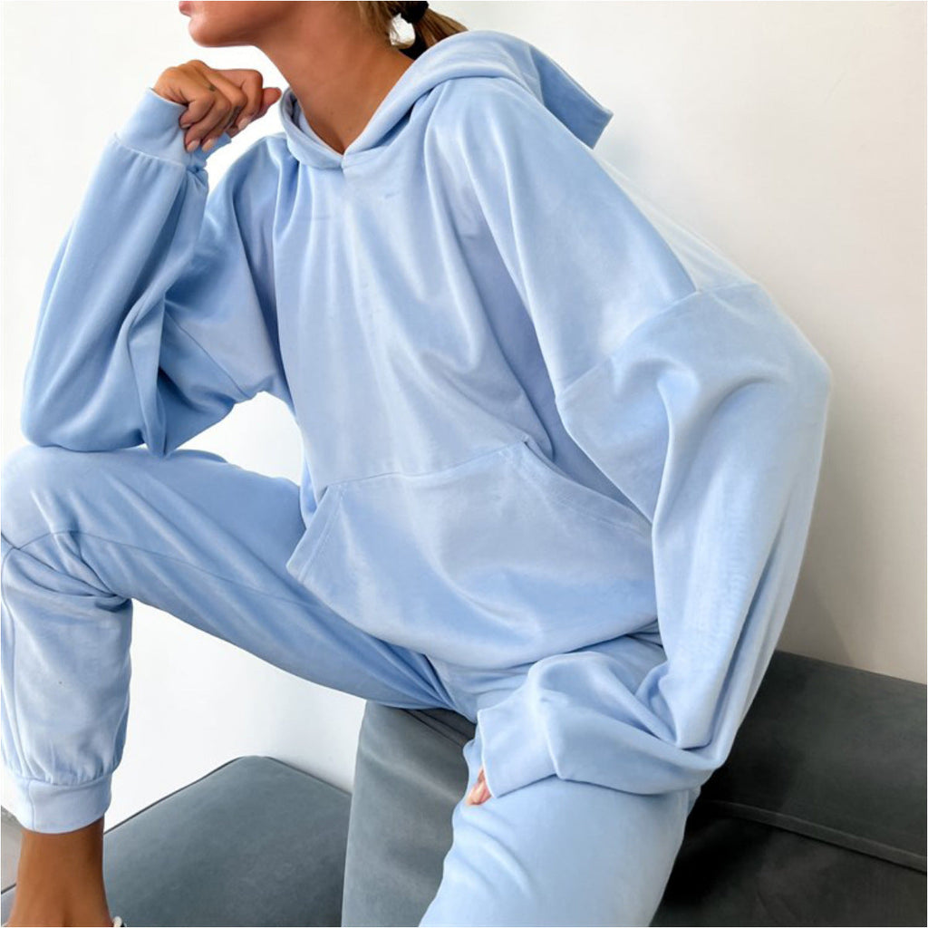 Women's Comfortable Velour Sweat Suit with Hood and Elastic Waistband