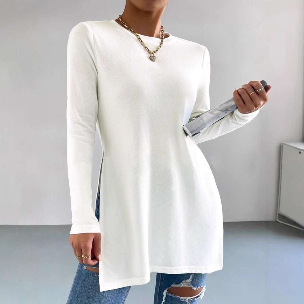 Women's Asymmetrical Long-Sleeve Top with Side Slits and Relaxed Fit