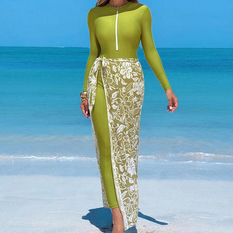 Women's Long-Sleeve Swimsuit with Elegant Wrap Skirt