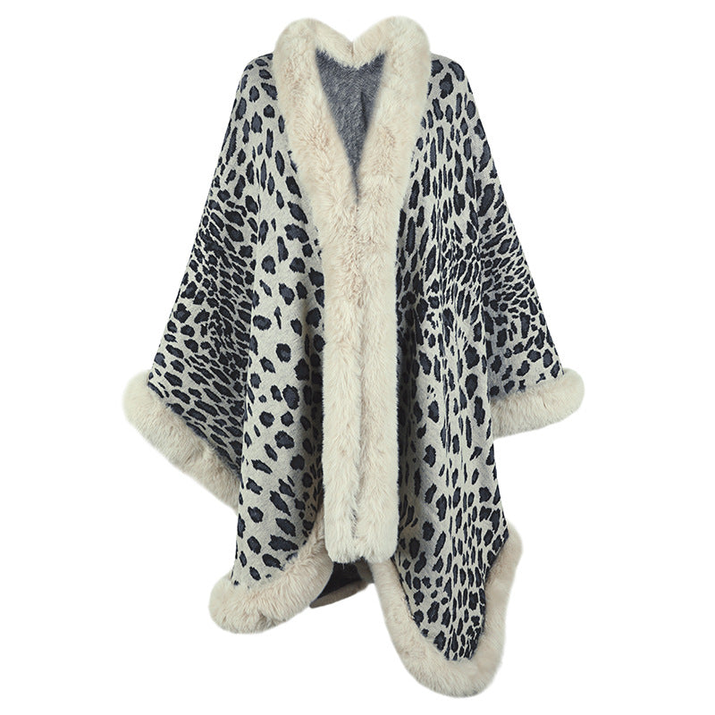 Women's Cozy Poncho with Faux Fur Trim and Leopard Print