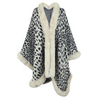 Women's Cozy Poncho with Faux Fur Trim and Leopard Print
