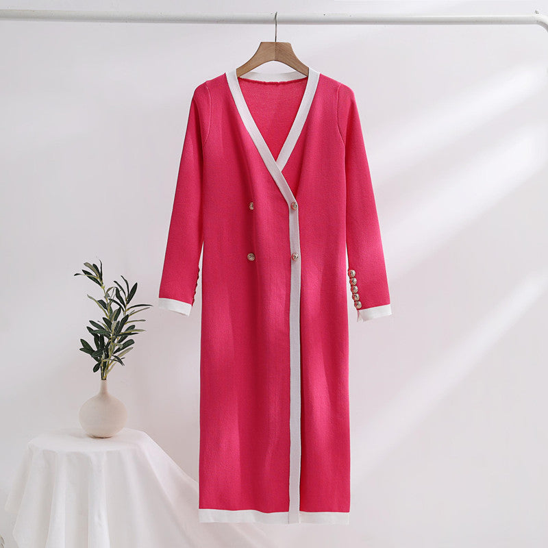 Women's Elegant Knit Coat with Button Details and V-Neck
