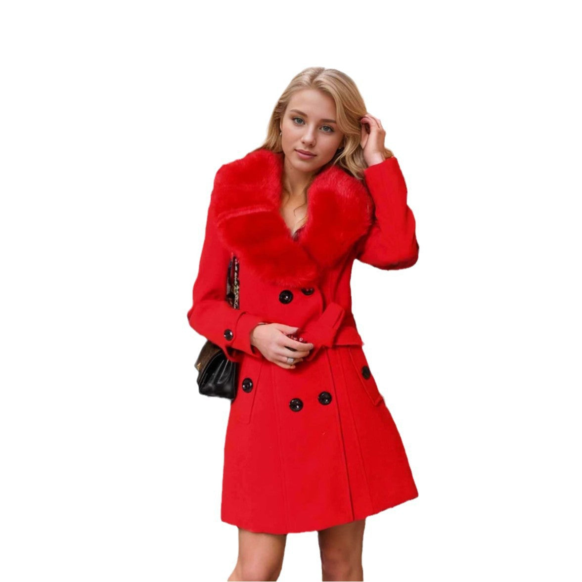 Women's Elegant Transitional Coat with Detachable Faux Fur Collar