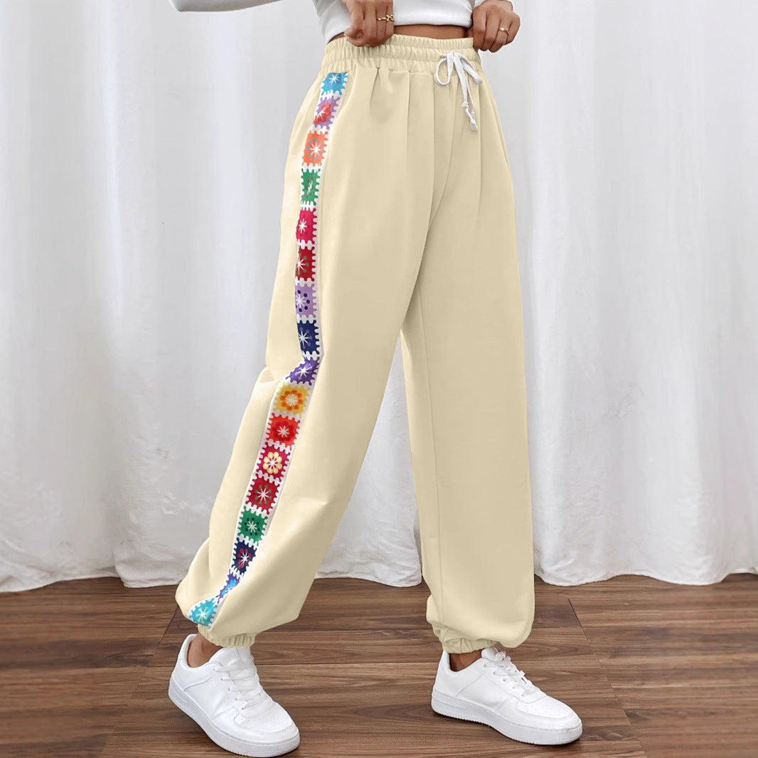 Women's Casual Pants with Floral Pattern and Elastic Waistband