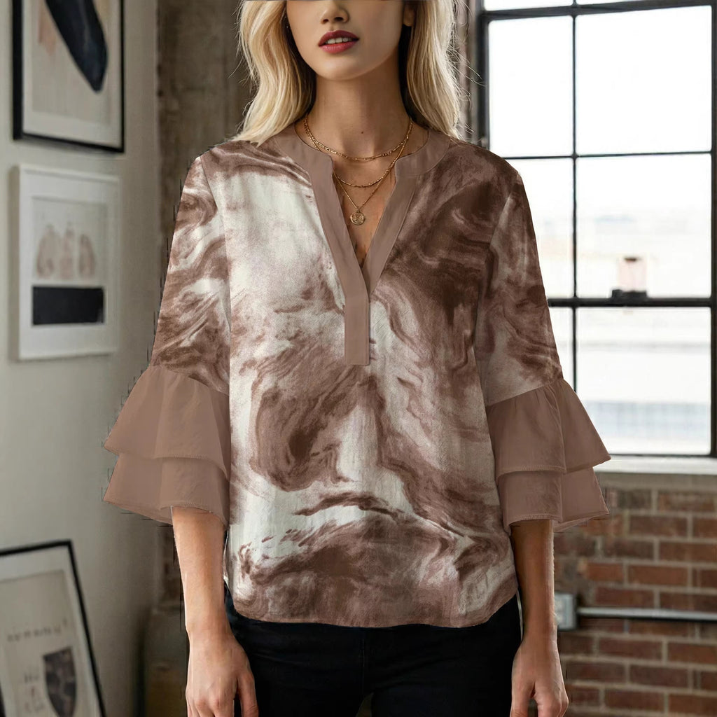 Casual Blouse with Ruffle Sleeves and Botanical Print
