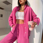 Women's Casual Two-Piece Set in Lightweight Fabric with Wide Blouse and Comfortable Pants