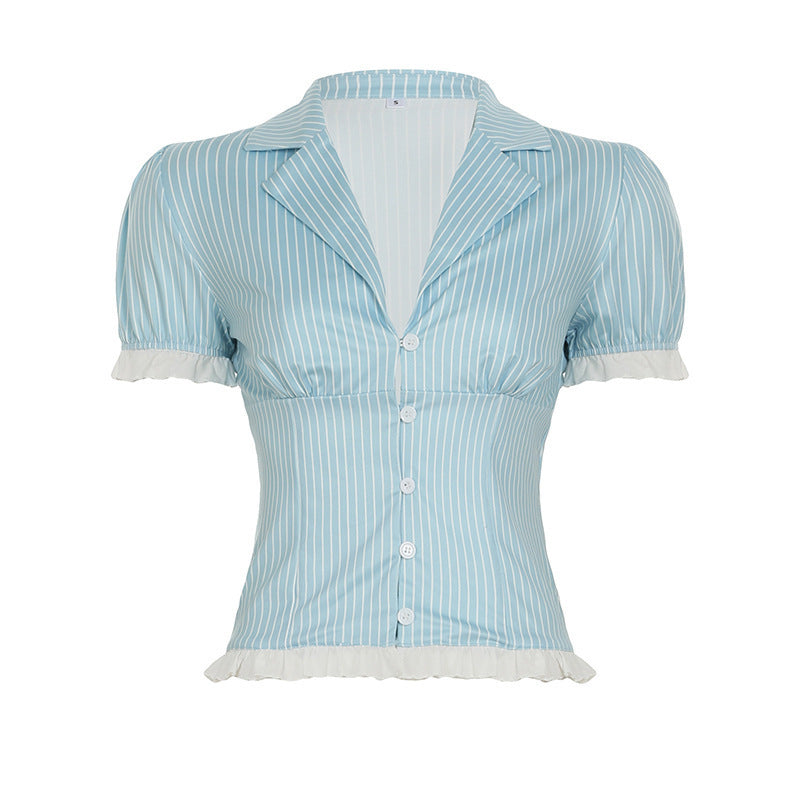 Women's Short Blouse with Ruffled Sleeves and Striped Pattern