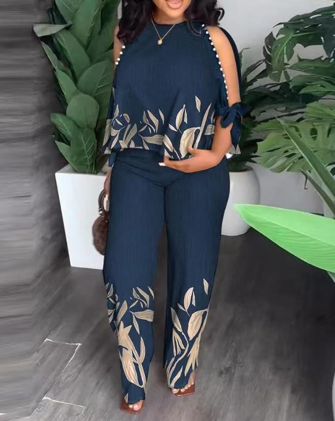 Women's Summer Outfit with Floral Design and Off-Shoulder Top