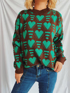 Women's Knit Sweater in Modern Heart Design with Wide Cut