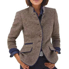 Elegant Blazer with Buttoned Stand-Up Collar and Contrasting Pockets