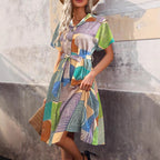 Women's Sleeveless Dress with Geometric Pattern and Tie Belt