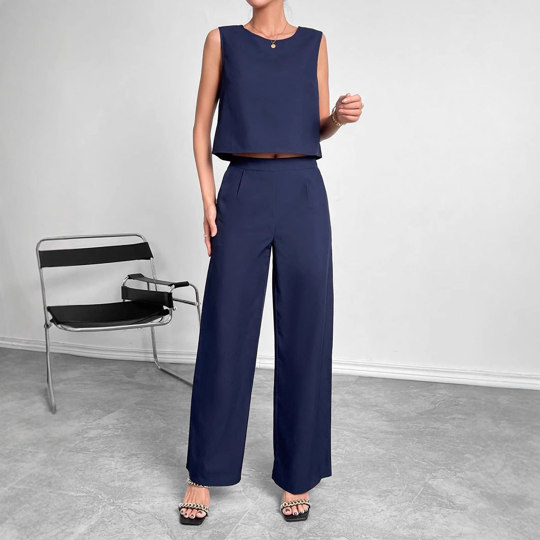 Women's Fashionable Two-Piece Set with Cropped Top and Wide-Leg Trousers