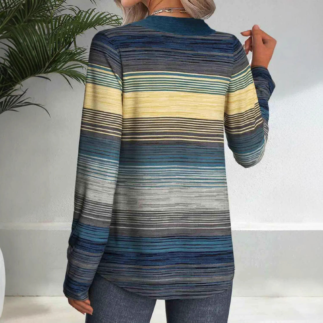 Women's Elegant Long-Sleeve Shirt with Modern Stripe Pattern and Button Details