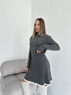 Women's Cable Knit Set with Polo Collar and A-Line Skirt