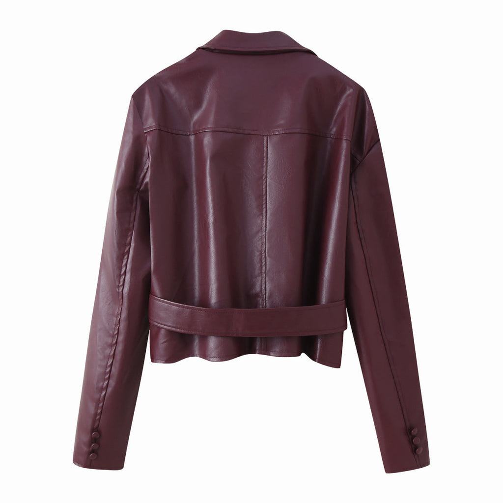 Women's Elegant Faux Leather Jacket with Tie Belt