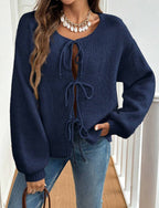 Women's Cozy Knit Sweater with Decorative Lace-Up Detail and Wide Sleeves