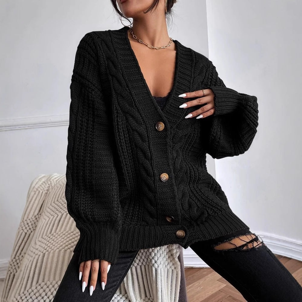 Women's Chunky Knit Cardigan with Decorative Cable Pattern