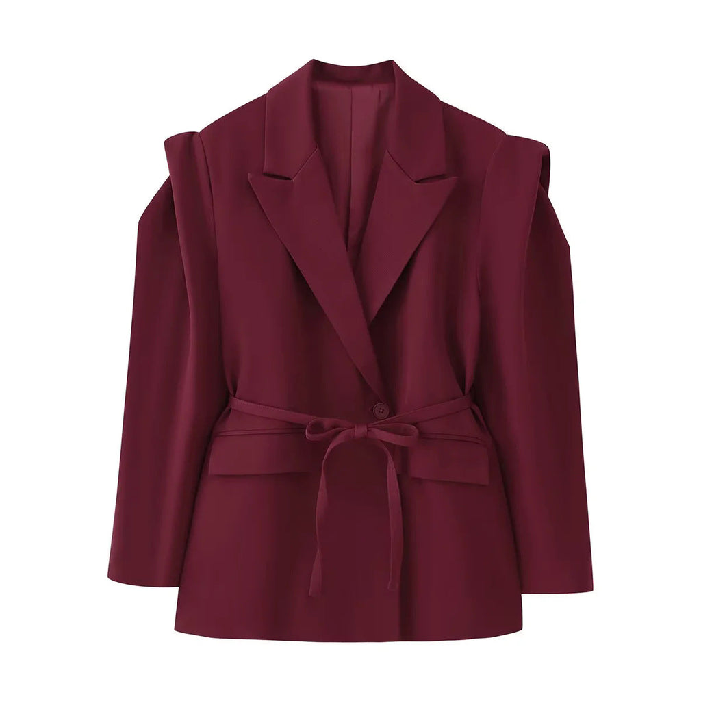 Women's Elegant Oversized Blazer Jacket with Belt and Shoulder Pads