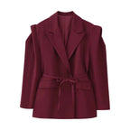 Women's Elegant Oversized Blazer Jacket with Belt and Shoulder Pads