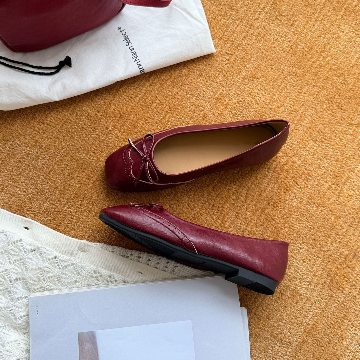 Women's Leather Ballet Flats with Bow Detail