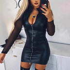 Women's Fitted Faux Leather Mini Jumpsuit with Sheer Sleeves and Zipper