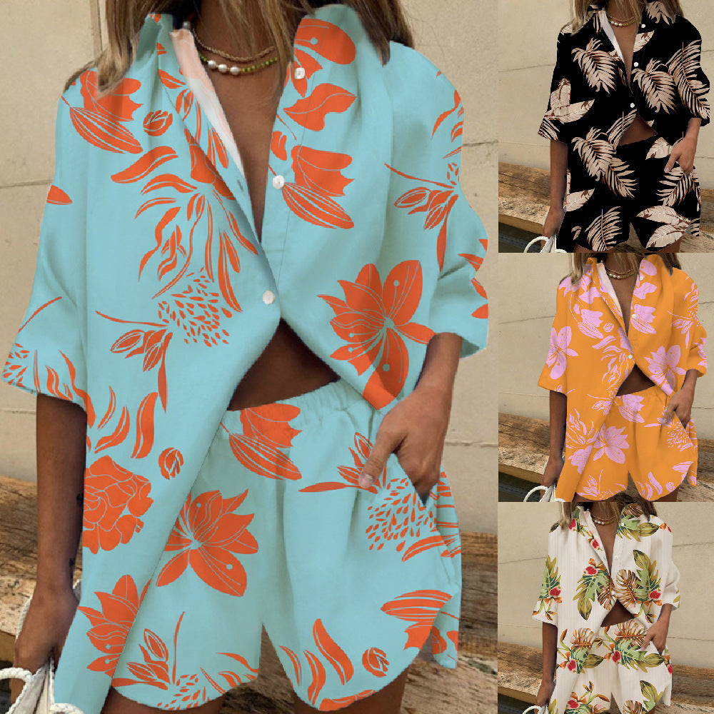 Women's Fashionable Two-Piece Set with Loose Blouse and Matching Shorts