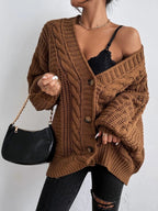 Women's Chunky Knit Cardigan with Decorative Cable Pattern