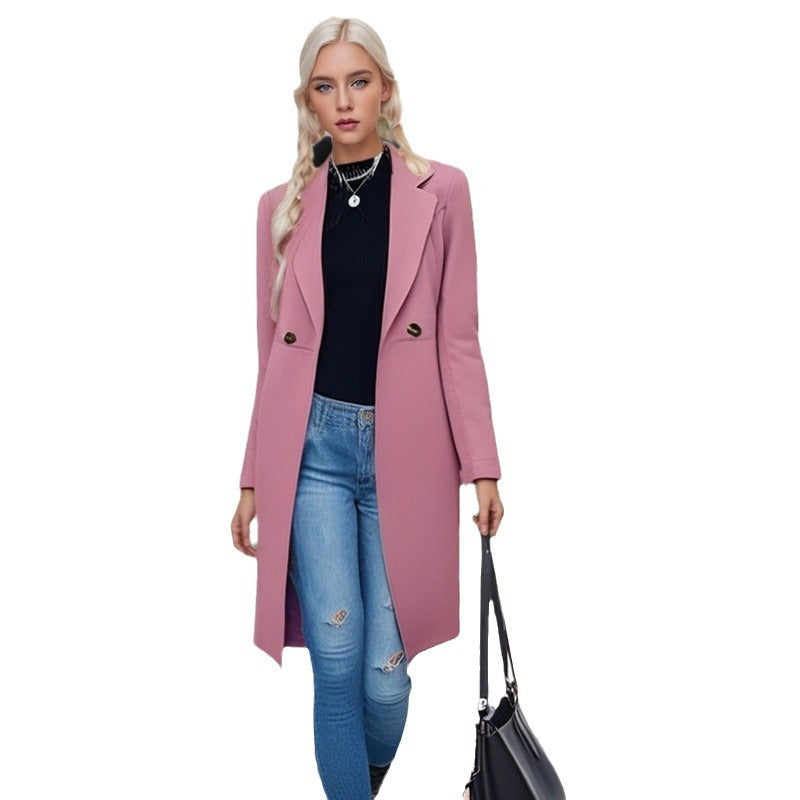 Women's Classic Long Coat with Double-Breasted Button Placket