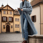 Women's Large Knit Coat with Deep Collar and Artistic Ribbed Pattern