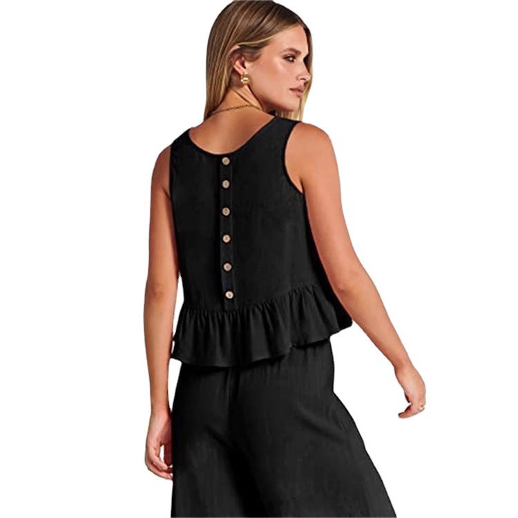 Women's Airy Two-Piece Set with Chic Peplum Top and Wide-Leg Pants
